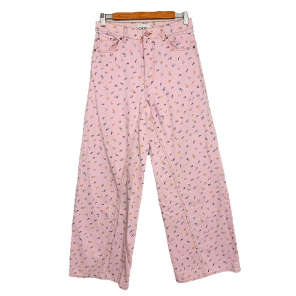Ganni Jozey Floral Print Pink Wide Leg Jeans High Rise Cotton Size 26 Boho